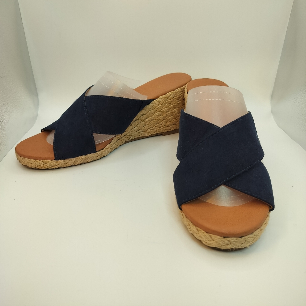 Tommy Bahama Stacey Navy Espadrille Wedge Sandals Cross Strap Womens‎ Sz 8.5